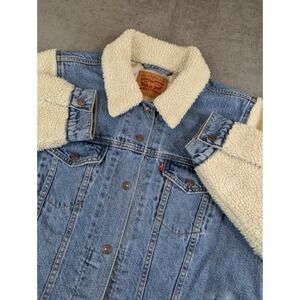 Levis Denim Trucker Jacket Womens 1X Sherpa Sleeves Collar Jean Red Tab Pockets